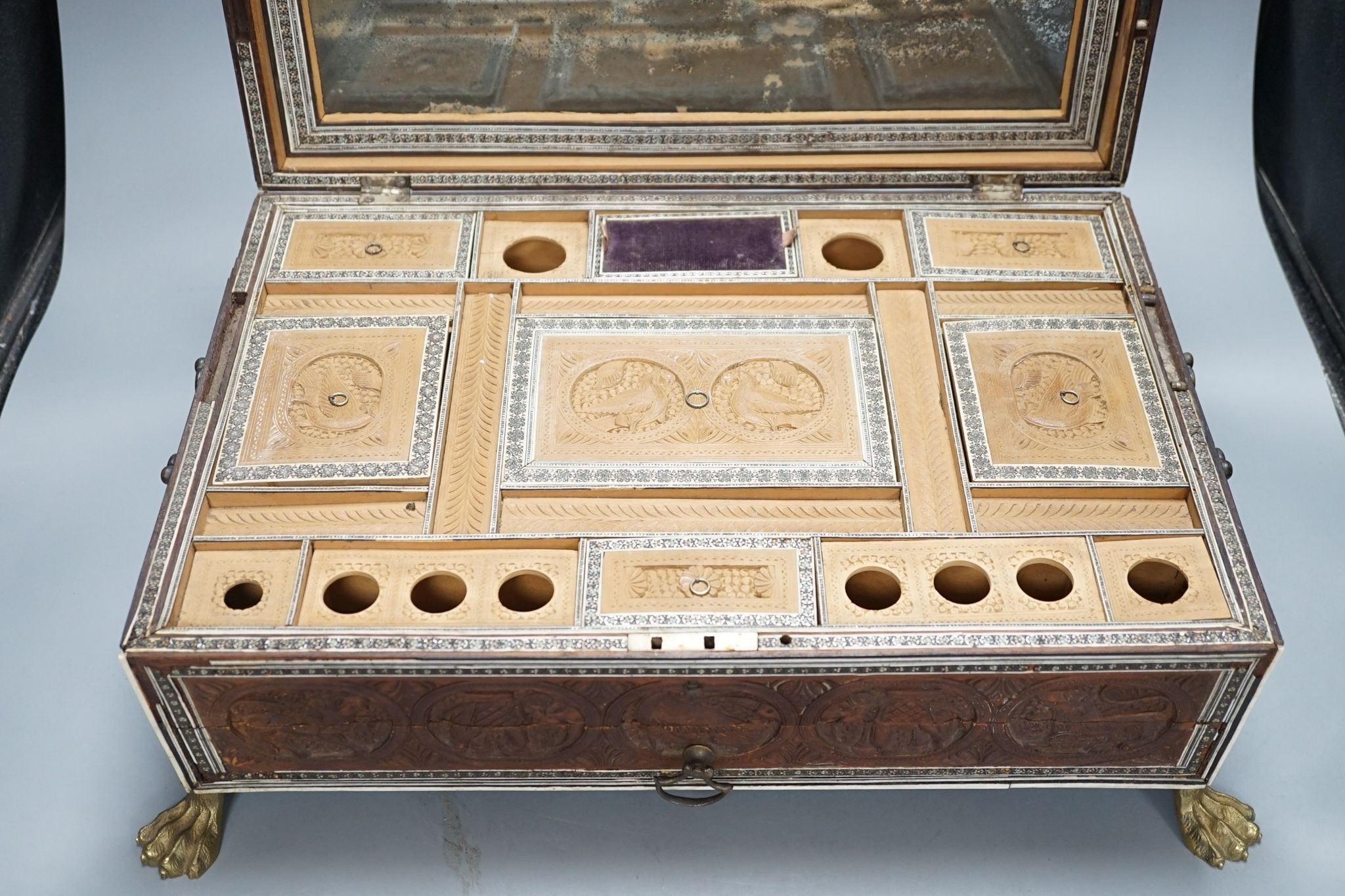 A 19th century Southern Indian sadeli-work sandalwood sewing box, 44cms wide x 30 deep.